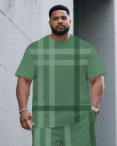 Men's Plus Size Green Large Plaid Jacquard Fabric Round Neck Short Sleeve T-Shirt Shorts Suit